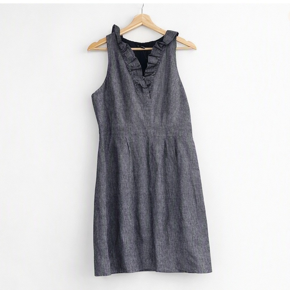 Chambray Denim Sleeveless Ruffle V‑Neck Dress Cotten Linen Summer Casual Size 14